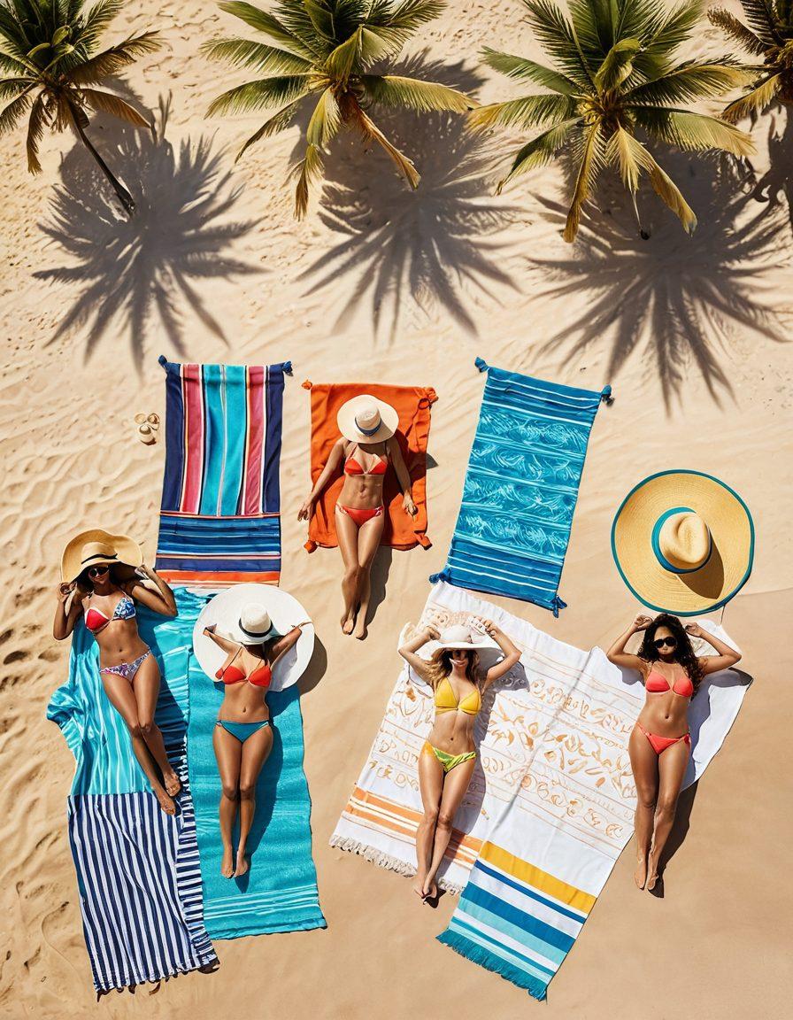 A stylish beach scene featuring a diverse group of fashionable individuals showcasing the latest summer swimwear trends. Include vibrant patterns, trendy accessories like oversized hats and sunglasses, and colorful beach towels. The backdrop should feature a sunny shoreline with gentle waves and palm trees swaying in the breeze. Capture the essence of summer fun and confidence, with a lively atmosphere. super-realistic. vibrant colors. sunny background.